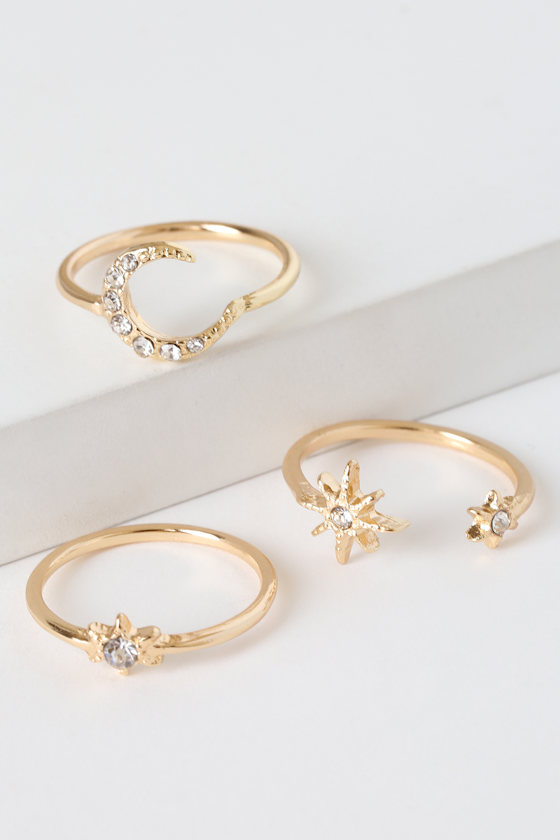 Cute Gold Ring Set Star and Moon Rings Celestial Rings
