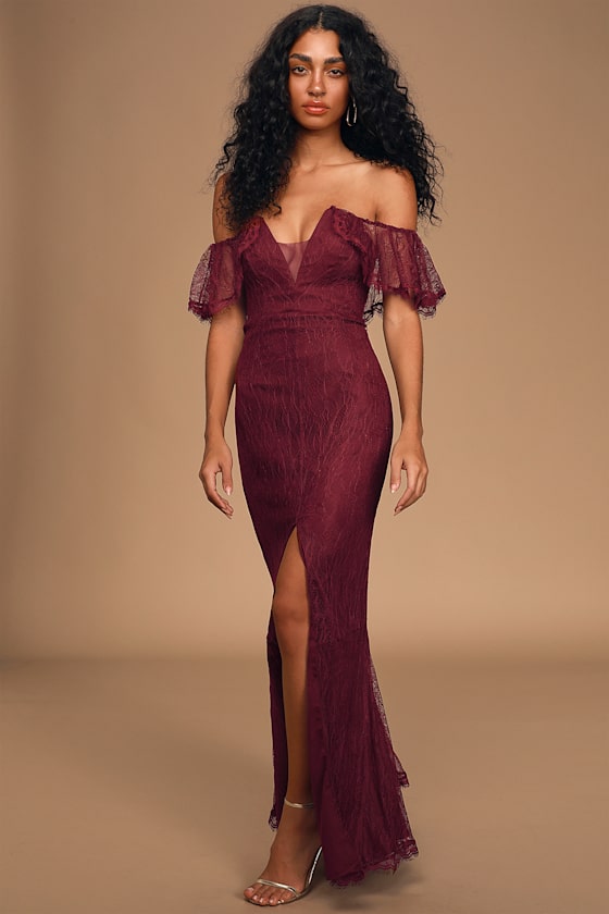 Caught In a Daydream Burgundy Lace Off-the-Shoulder Maxi Dress