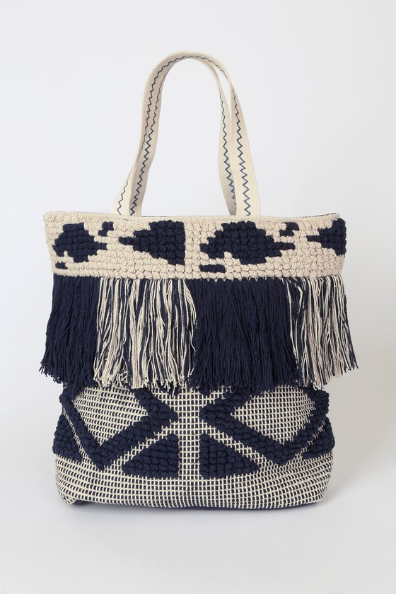 navy and white beach bag