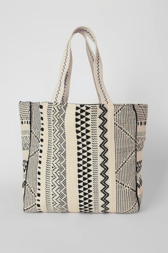 Shop Lulus Safe Travels Cream And Black Woven Tote Bag