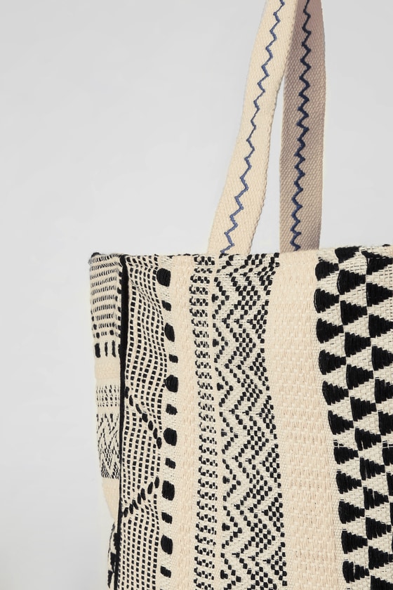 Shop Lulus Safe Travels Cream And Black Woven Tote Bag