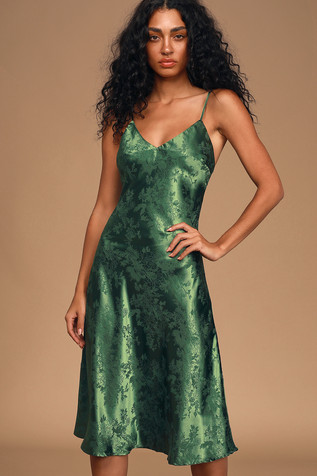 Calla Love Forest Green Jacquard Satin Slip Dress