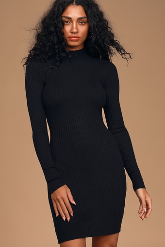 Snug As Can Be Black Ribbed Mock Neck Sweater Dress
