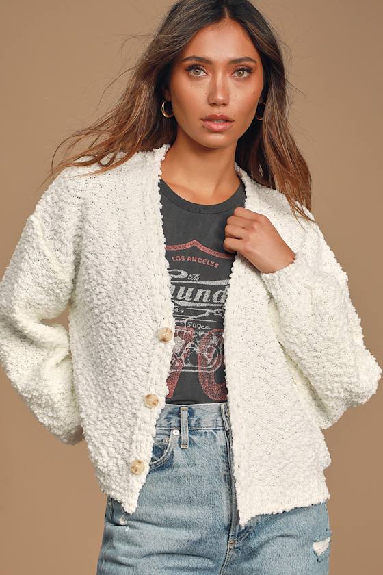 What a Treat Ivory Popcorn Knit Button-Up Cropped Sweater 3