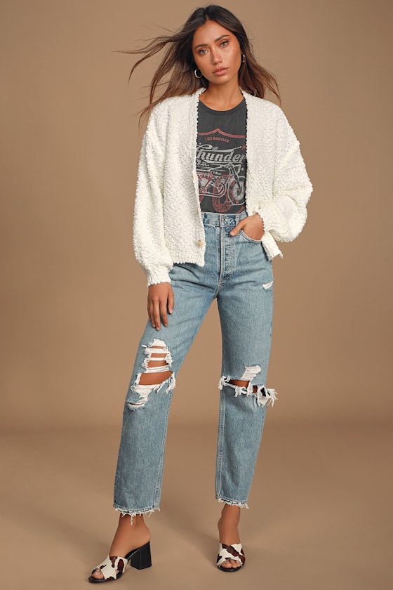 What a Treat Ivory Popcorn Knit Button-Up Cropped Sweater 2