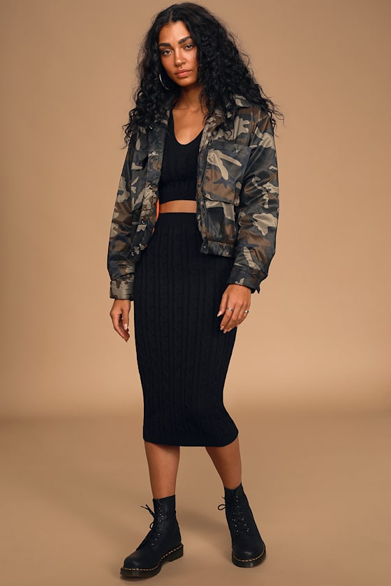 Chic Black Skirt Cable Knit Skirt Bodycon Skirt Midi Skirt Lulus