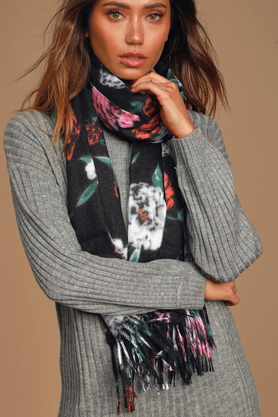 Floral Frills Black Multi Floral Print Blanket Scarf 1