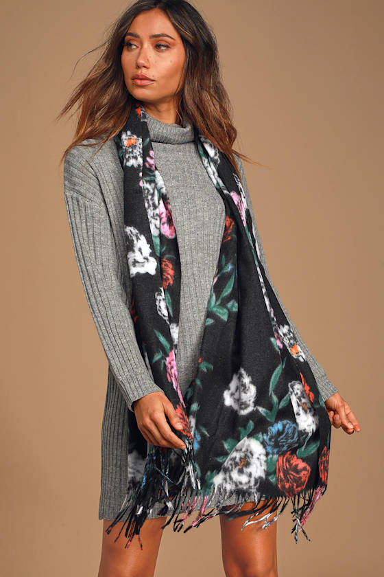 Floral Frills Black Multi Floral Print Blanket Scarf 4