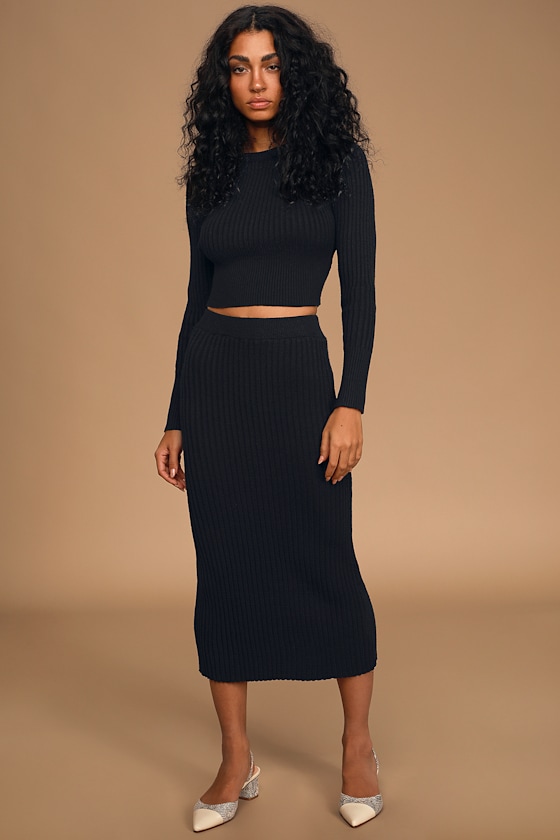 Top Chic-Ret Black Ribbed Knit Midi Sweater Skirt 1