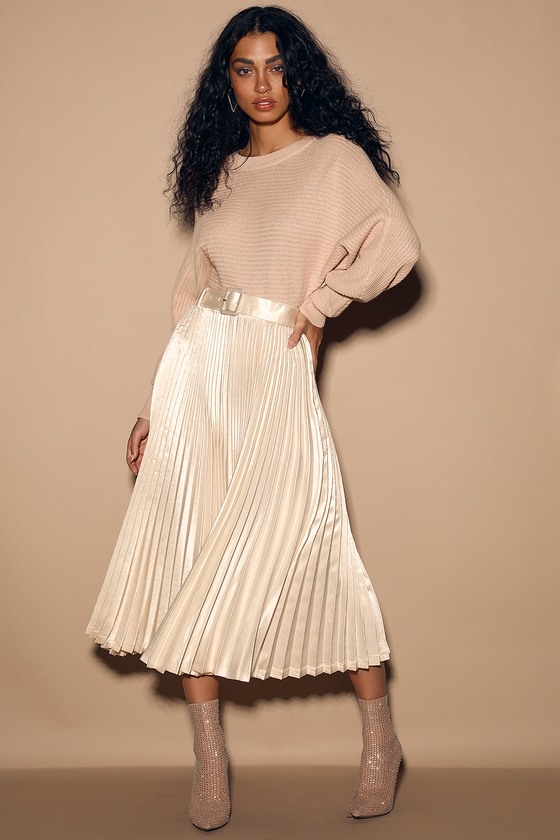 Meet Me Tonight Cream Satin Pleated Belted Midi Skirt