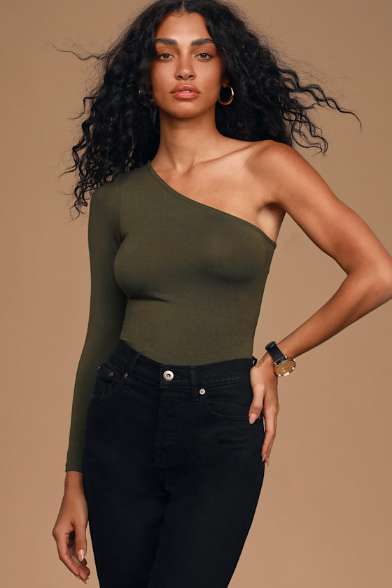 With It Olive Green Long Sleeve One-Shoulder Top 2