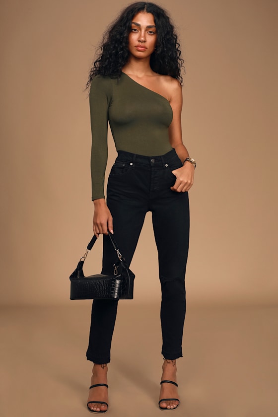 With It Olive Green Long Sleeve One-Shoulder Top 1