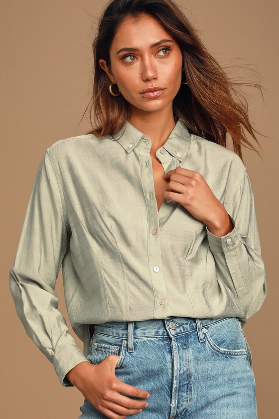 Cute Sage Green Top - Button-Up Top - Long Sleeve Top - Lulus