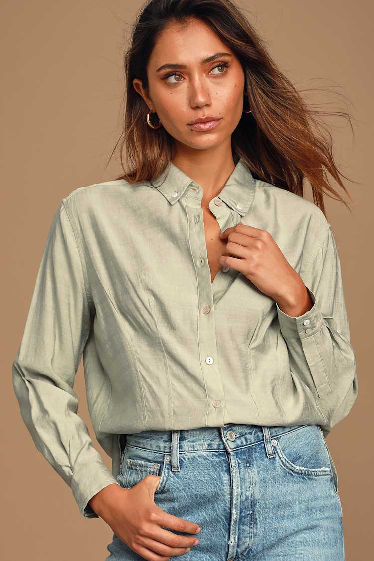 sage green dress shirt womens Cute Top - Button-Up Top - Long Sleeve Top v