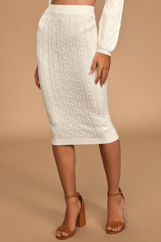 Nestle Close Ivory Cable Knit Bodycon Midi Skirt