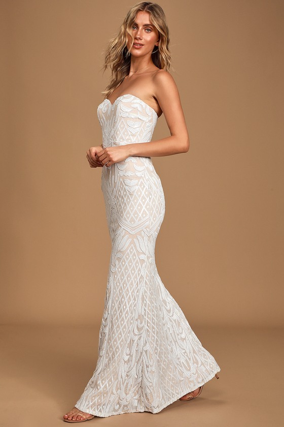 olivia white sequin strapless maxi dress