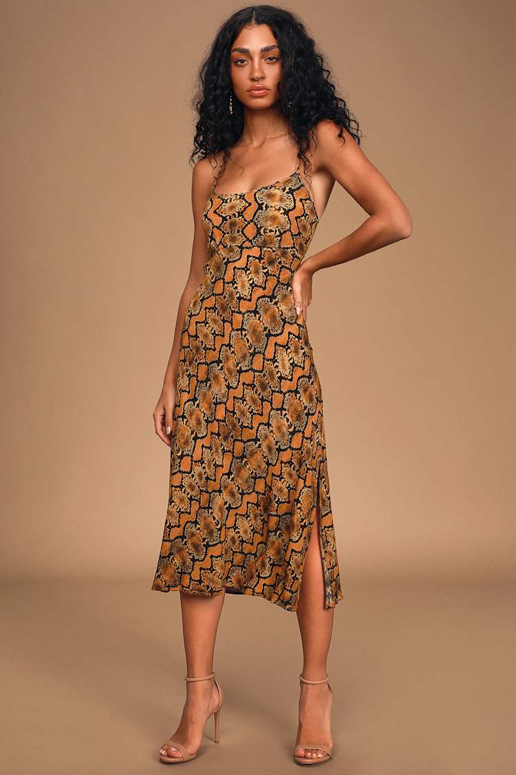 orange snake print dress Band of Gypsies Ca Va - Orange Snake Dress - Midi Slip Dress