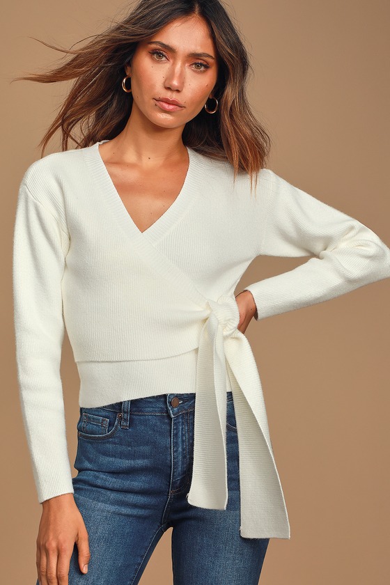 MINKPINK - Ivory Knit Sweater Top - Faux-Wrap Surplice Sweater - Lulus