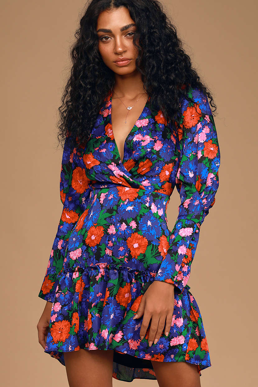 WAYF Eva Dress - Blue Floral Print Dress - Bishop Sleeve Dress - Lulus