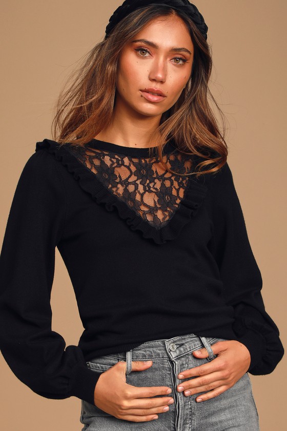 Black Sweater Top - Balloon Sleeve Sweater - Ruffled Lace Sweater - Lulus
