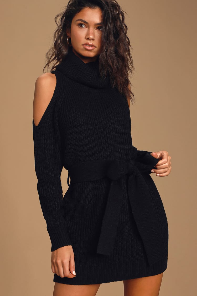 Sweet Demeanor Black Turtleneck Cold-Shoulder Sweater Dress