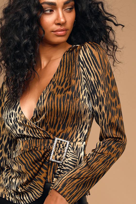 Fierce Ambition Brown Tiger Print Satin Long Sleeve Top 4
