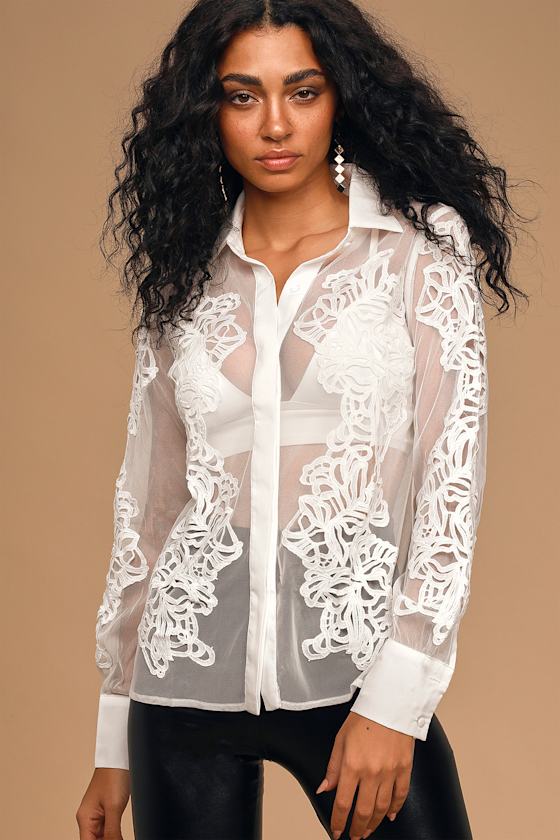Sheer or There White Button-Up Long Sleeve Top 2