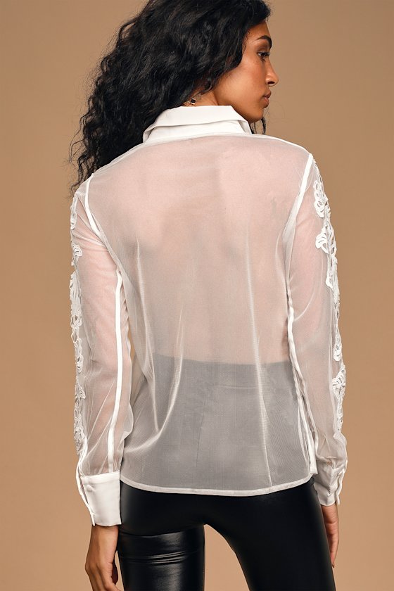 Sheer or There White Button-Up Long Sleeve Top 5