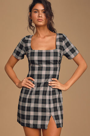 Extra Credit Black and Red Plaid Short Sleeve Mini Dress