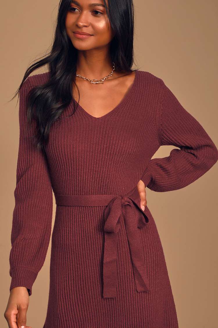 Cozy Burgundy Sweater Dress - Knit Midi Dress - Long Sleeve Dress - Lulus