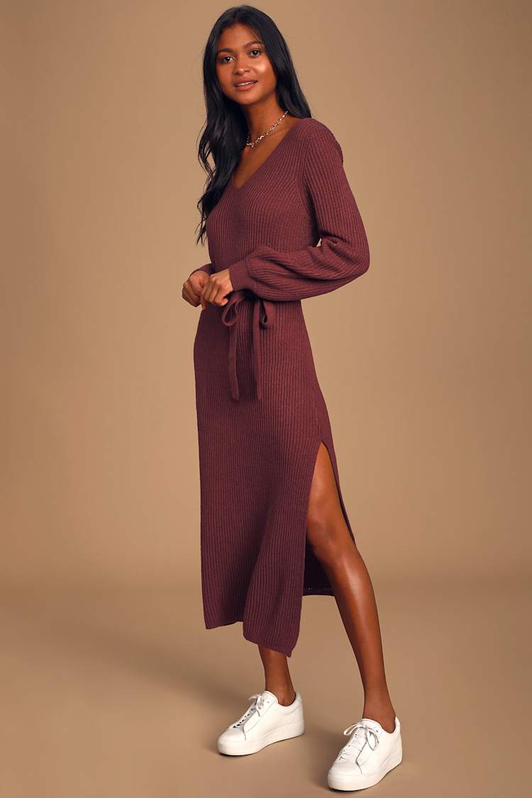 Cozy Burgundy Sweater Dress - Knit Midi Dress - Long Sleeve Dress - Lulus