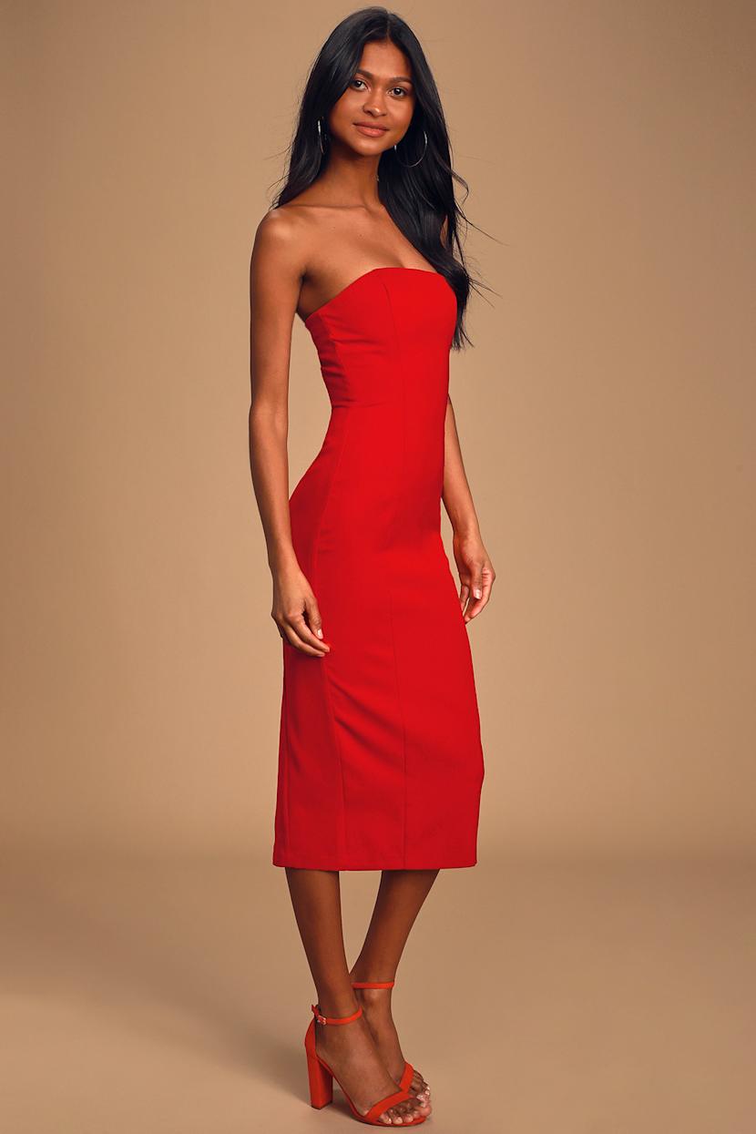 red strapless bodycon midi dress Red Strapless Mini Dress