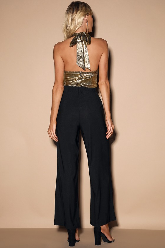 J.O.A. Halter Jumpsuit - Gold and Black Jumpsuit - Wide-Cut - Lulus