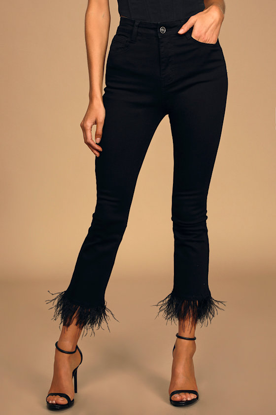 Black Denim Jeans Feather Hem Jeans HighWaisted Denim Jeans Lulus