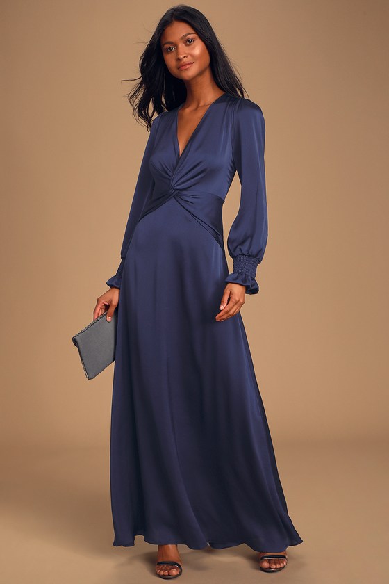 Lovely Navy Blue Dress - Maxi Dress - Satin Twist-Front Dress - Lulus
