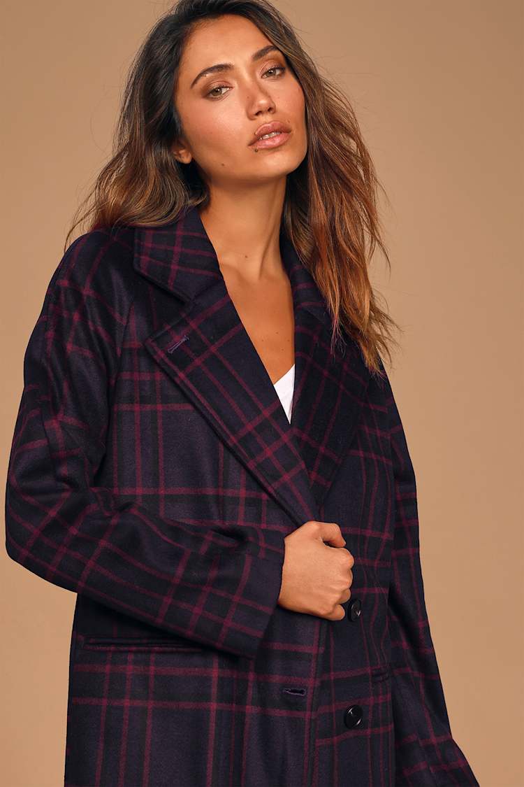 Cute Dark Purple Plaid Coat - Wool Coat - Long Coat - Pea Coat - Lulus