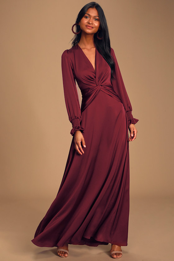 Twist Your Words Burgundy Long Sleeve Twist-Front Maxi Dress 2