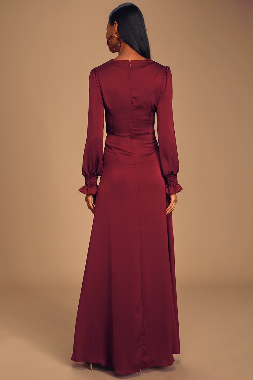 Lovely Burgundy Dress - Maxi Dress - Satin Twist-Front Dress