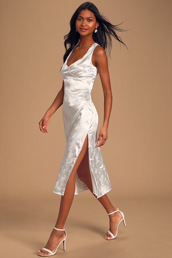 Black Tie Optional White Satin Jacquard Midi Dress 2
