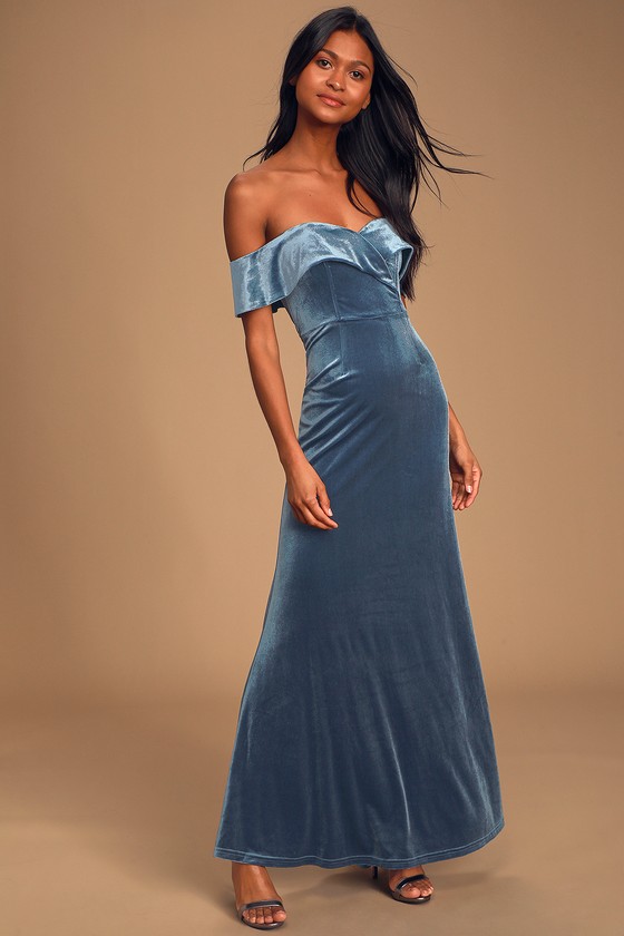 Flock morbiditet øjenbryn Blue Maxi Dress - Luxe Velvet Maxi Dress - Off-the-Shoulder Gown - Lulus