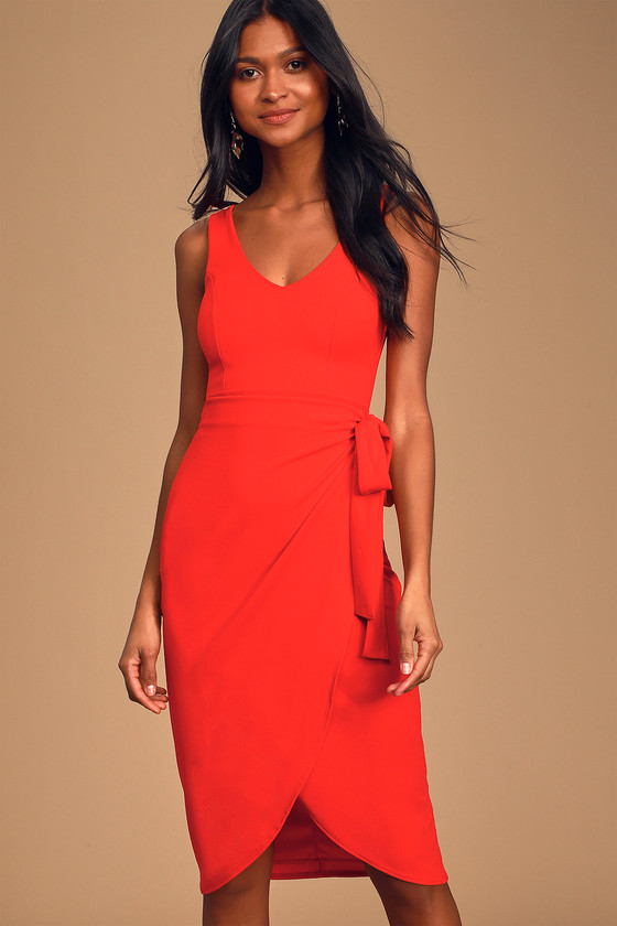 Cute Red Dress Faux Wrapping Midi Dress Tulip Hem Dress Lulus