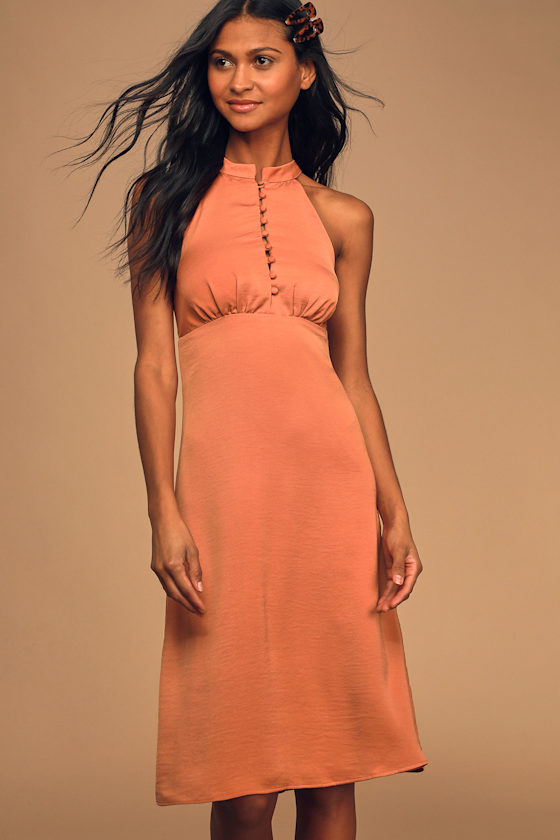 Terra Cotta Dress Halter Midi Dress ButtonUp Bodice Dress Lulus