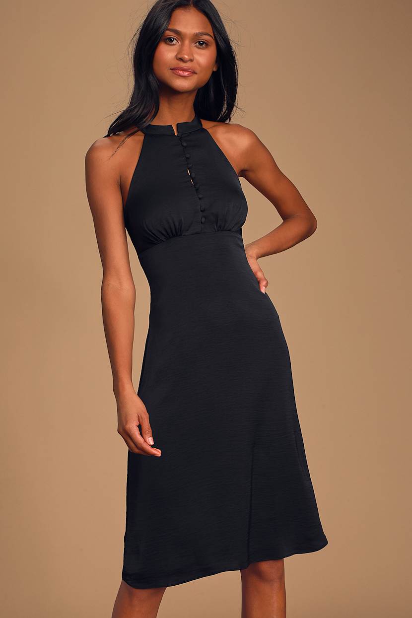 Chic Black Dress - Halter Midi Dress - Button-Up Bodice Dress - Lulus