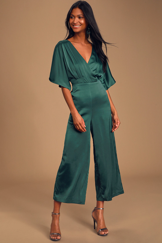 Chic Emerald Green Jumpsuit - Satin Jumpsuit - Surplice Jumpsuit - Lulus