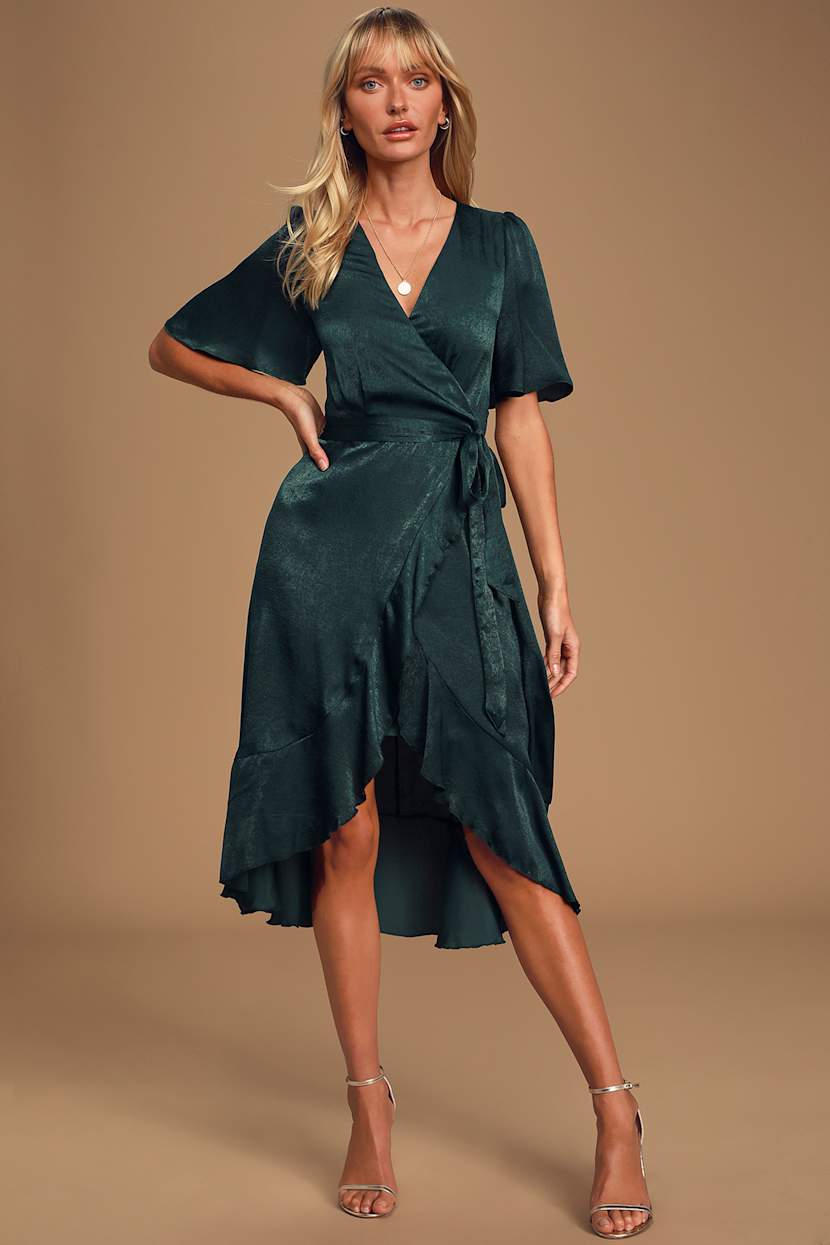 Dark Green Dress - Satin Dress - Satin Wrap Dress - Midi Dress - Lulus Dark Green Dress - Satin Dress - Satin Wrap Dress - Midi Dress - Lulus