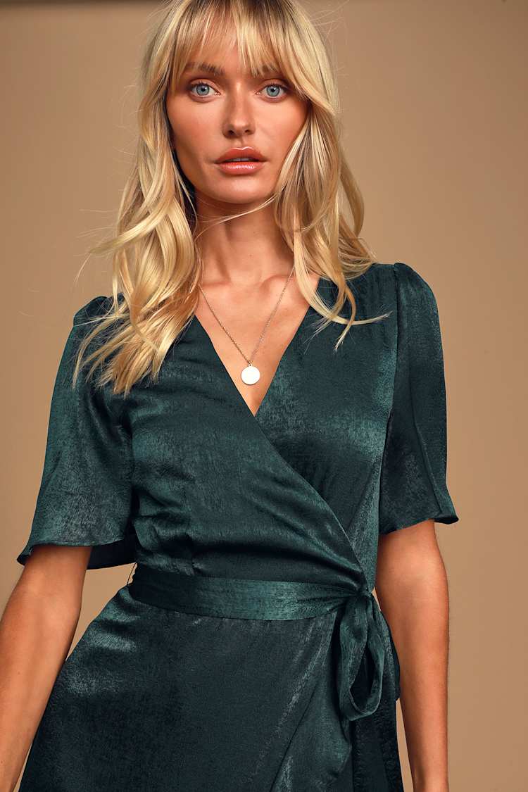 slim fit dress slacks Satin Olive Green Bridesmaid Dresses Tea-Length Short Sleeves Ruffles main image 0