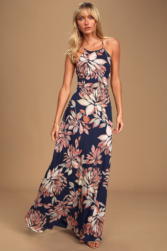 Navy Blue Floral Print Dress - Maxi Dress - Lace-Up Dress - Lulus