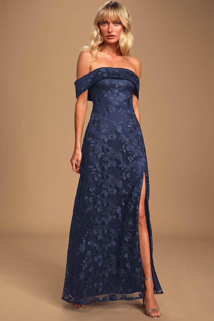 Navy Blue Maxi Dress - Off-The-Shoulder Maxi Dress - Lace Dress - Lulus