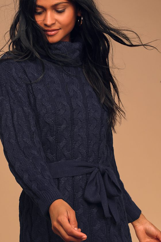 Navy Blue Sweater Dress - Turtleneck Dress - Belted Mini ...