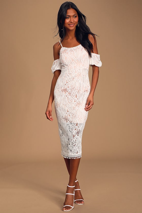 Entranced by You White Lace Cold Shoulder Bodycon Dress 1